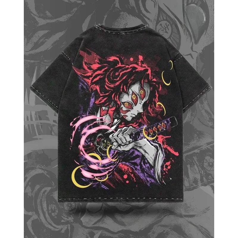 Summer Men's Washes T-shirts Japanese Anime Demon Slayer Kokushibo Graphic Clothing Harajuku Y2K Oversized Cotton Causalswear