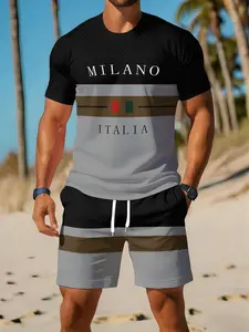 Men's Milan Italy Theme Short Sleeve Set, Fashion Sporty Casual Two-Piece, Summer Beach Wear, Trendy Style