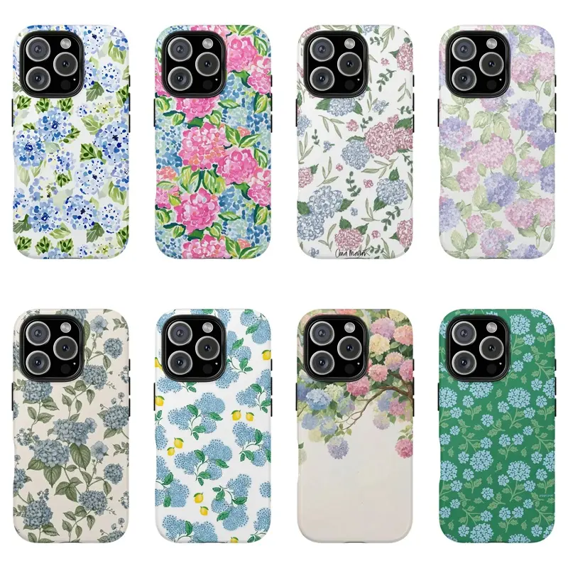 Blue Hydrangea Spring Summer Girly Cute Two-In-One Phone Case, Durable Shock Absorbing Fashion Protective Cover for iPhone 11 to iPhone 17 All Series Including Pro, Pro Max, Plus, Air, 16e