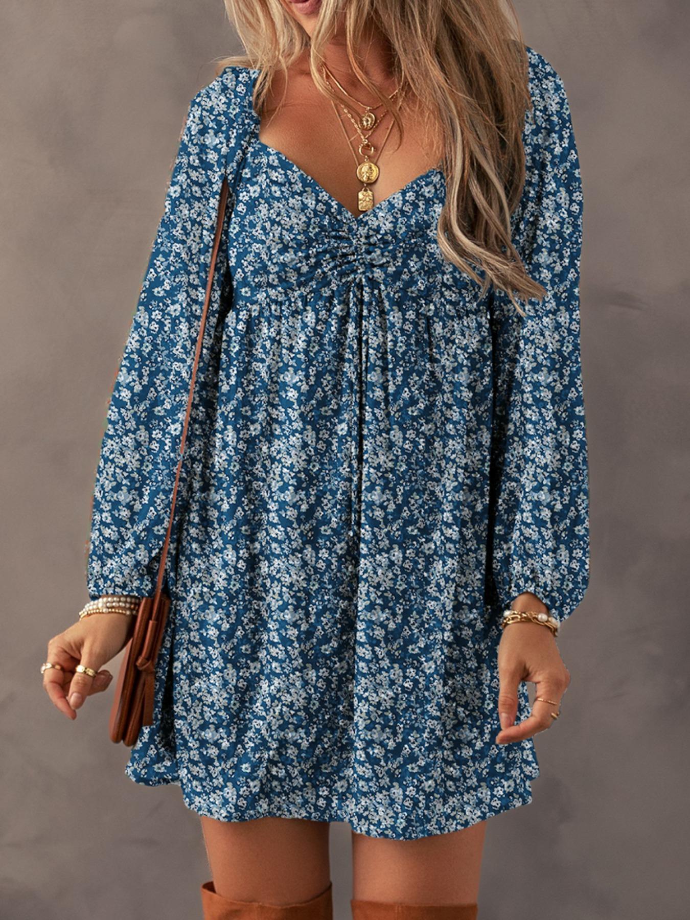 Women's Ditsy Floral Print Sweetheart Neck Shirred Back Dress, Boho Fashion Casual Puff Sleeve Dress for Daily Holiday Vacation Wear, Ladies Dress for All Seasons