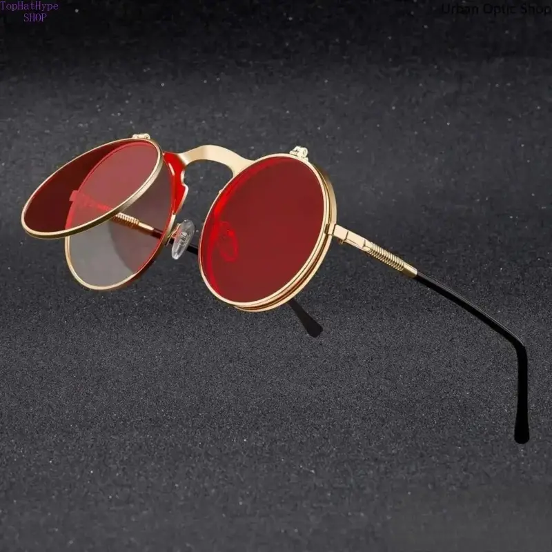 Steampunk Round Sunglasses with Flip-Up Lenses, Baroque Metal Frame for Daily Streetwear, UV400 Protection, Funky