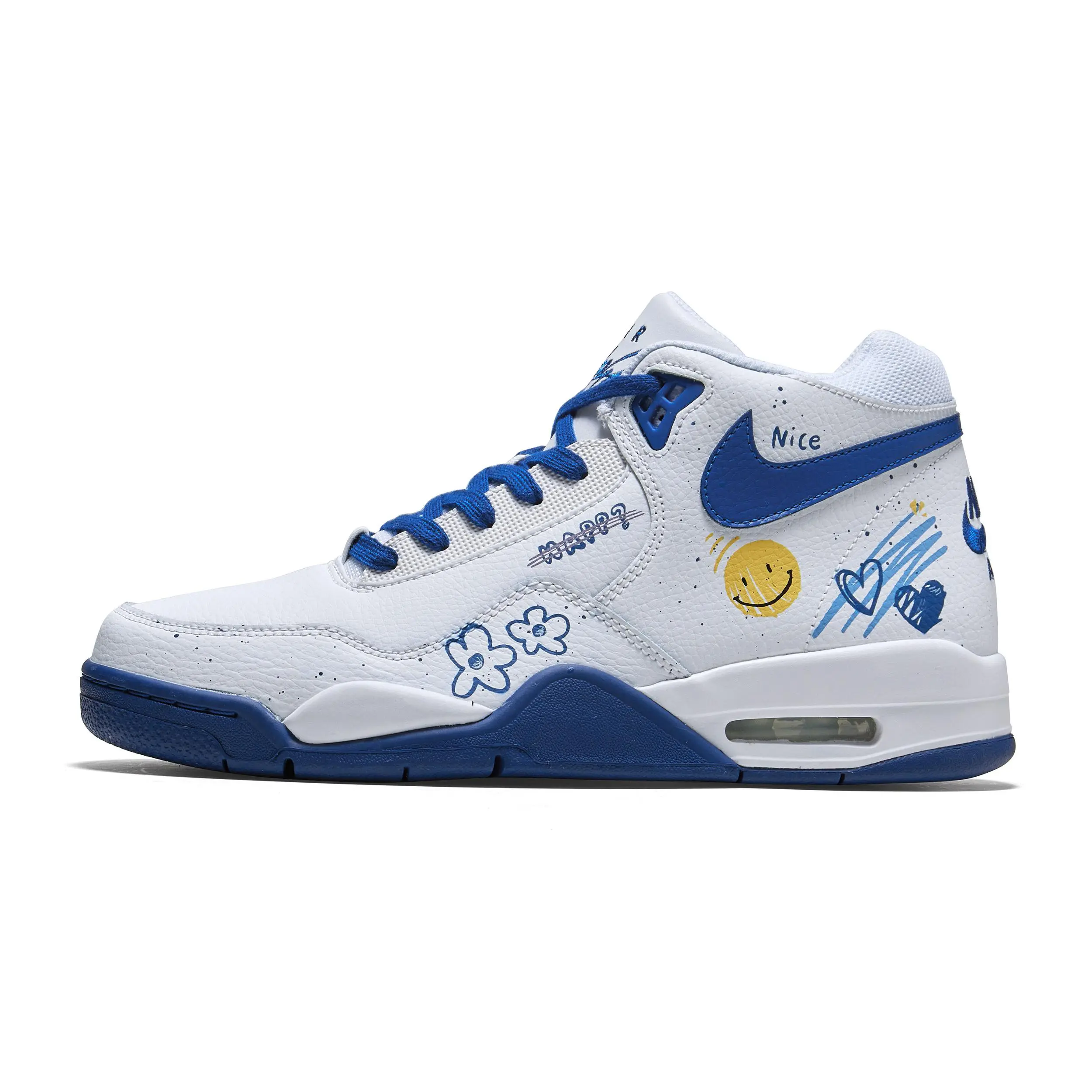 Nike Flight Legacy Custom Sneakers for Men: Mid-Top Retro Basketball Shoes with Heart Graffiti and White-Blue Colorway Verifiable, with credentials and supporting global authentication