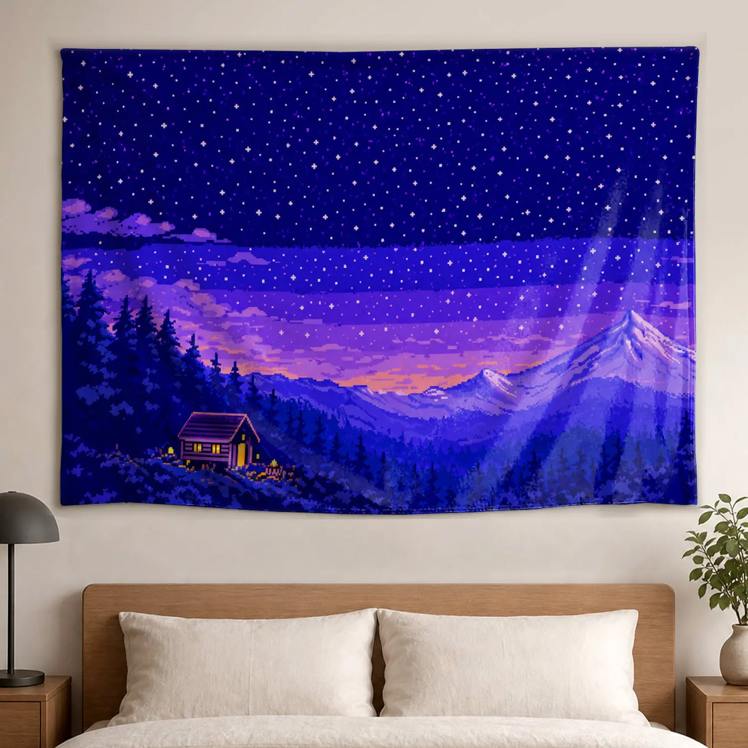 Pixel Art Mountain Cabin Starry Night Wall Tapestry - Large Printed Horizontal Polyester Artwork, Easy Decor for Bedroom & Living Room, No-Installation Wall Decor Room Decoration, Gift Idea for Family