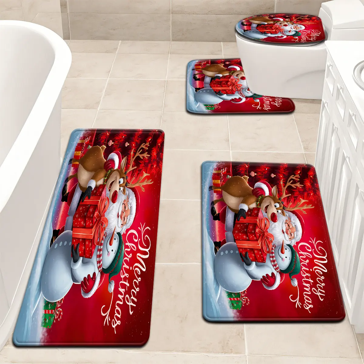 2D Flat 2/3/4Pcs Christmas Santa Reindeer Snowman Bathroom Mat Set, Bath Rug with Toilet Lid Cover & U-Shaped Contour Mat, Non-Slip Absorbent Washable Flannel Floor Mats for Christmas Bathroom Decor,Truck,Gnome,soft,microfiber bath mat,home,Memory,large,,