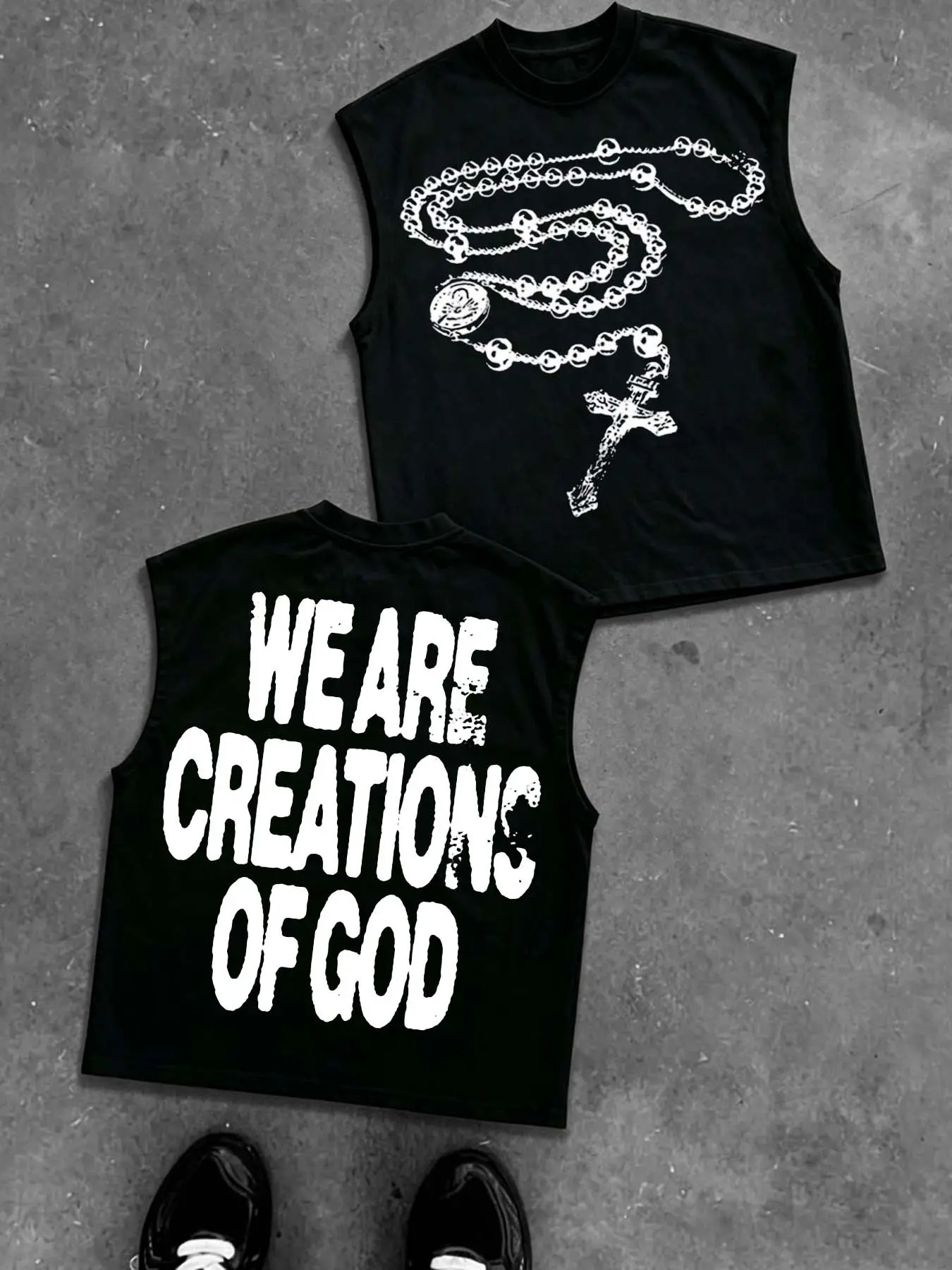 Y2K Vintage Cross Rosary Print Men's Sleeveless Vest with "WE ARE CREATIONS OF GOD" Text, Distressed Pattern Loose Vest, Street Style Sleeveless T-Shirt
