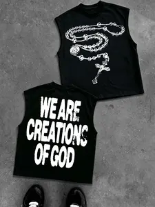 Y2K Vintage Cross Rosary Print Men's Sleeveless Vest with "WE ARE CREATIONS OF GOD" Text, Distressed Pattern Loose Vest, Street Style Sleeveless T-Shirt