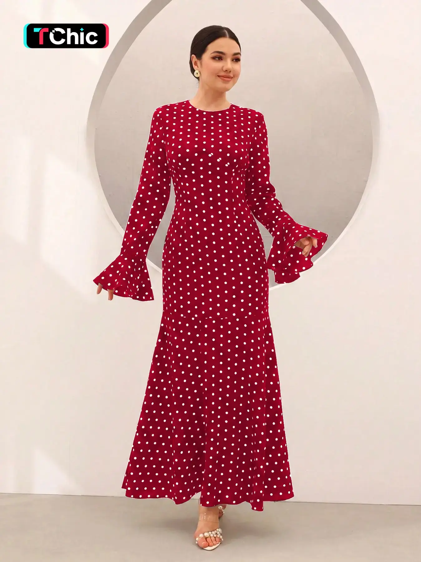 Elegant polka dot Print fitted dress with flared sleeves, perfect for everyday wear, commuting, or dates.