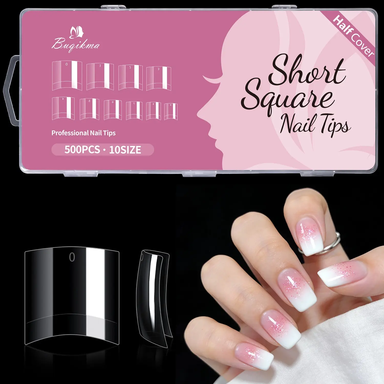500pcs Transparent Short French Half Cover Nails, 10 Sizes Extension Tips, Fake Nails Extensions, Suitable for Salon and DIY, Nail Tips Art Supplies