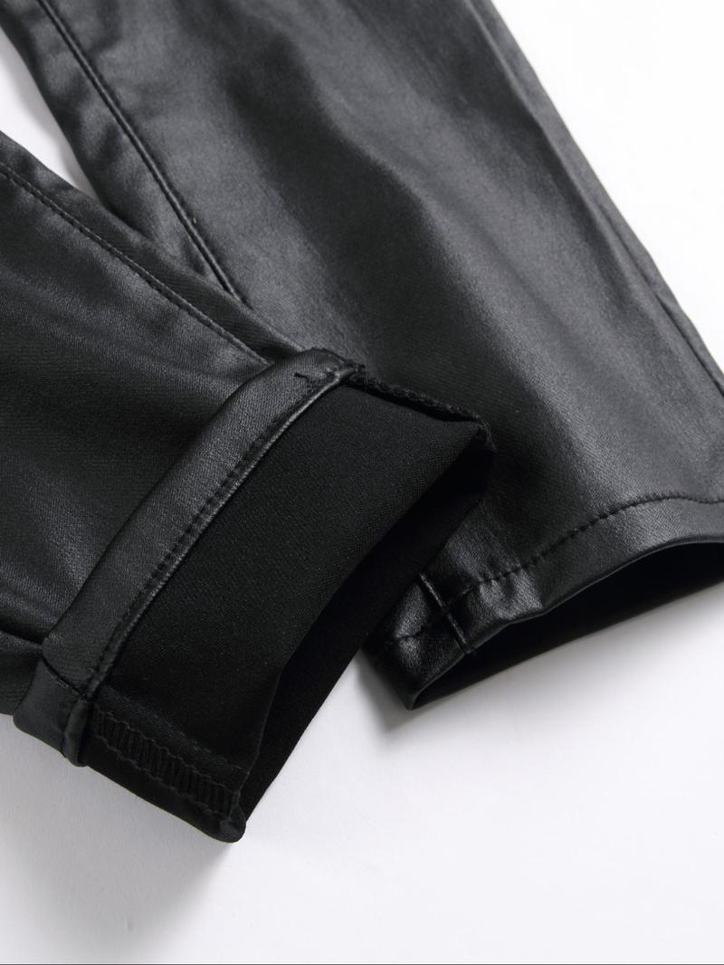 Men's Solid Color PU Leather Pants, Tight-fitting Street Fashion Casual Comfy Pocket Trousers for Daily Wear, Men's Bottoms for All Seasons Casual Fitted Pockets