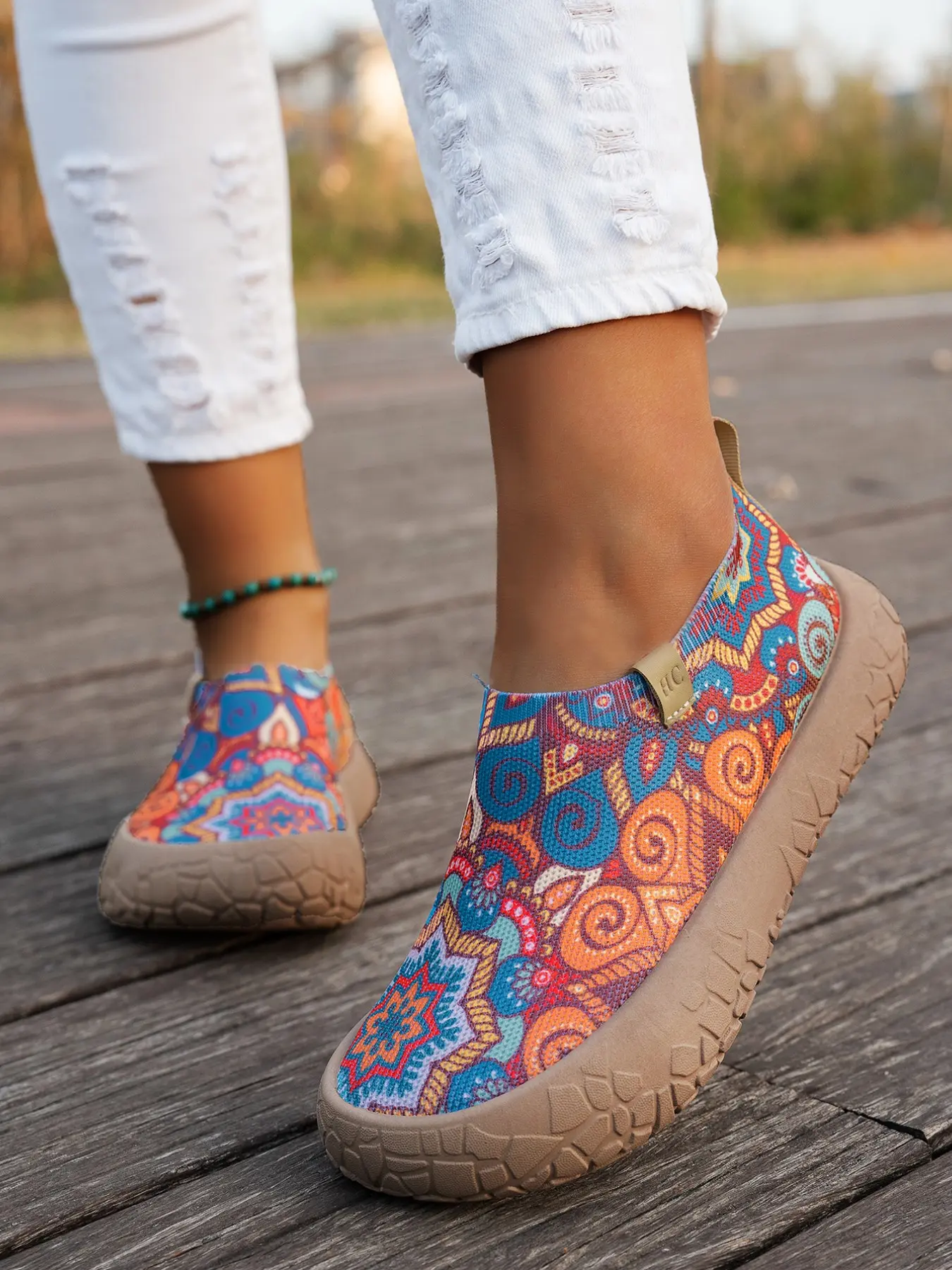 Women's Bohemian Mandala Floral Print Hollow Fly Knit Slip-On Rugged Flatform Walking Loafers, Ultra Breathable Lightweight Flexible Non-Slip Crack Textured Thick Sole Casual Outdoor Platform Shoes for Summer Beach Travel & Daily Strolls