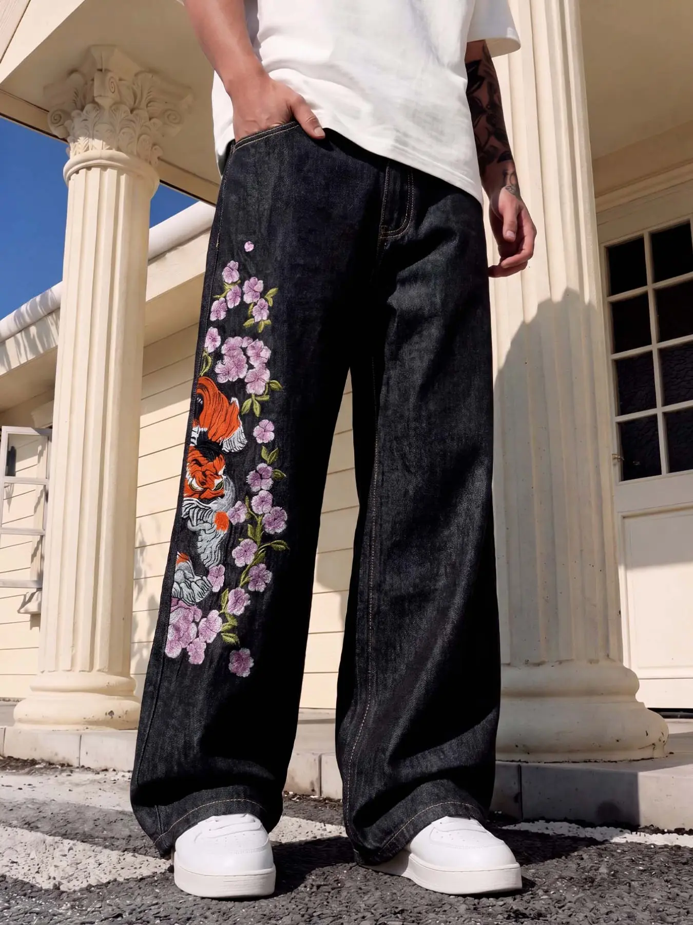 Men's Loose Straight Leg Jeans, Cherry Blossom Tiger Embroidery Vintage Style, Casual American Relaxation Long Pants, All Seasons