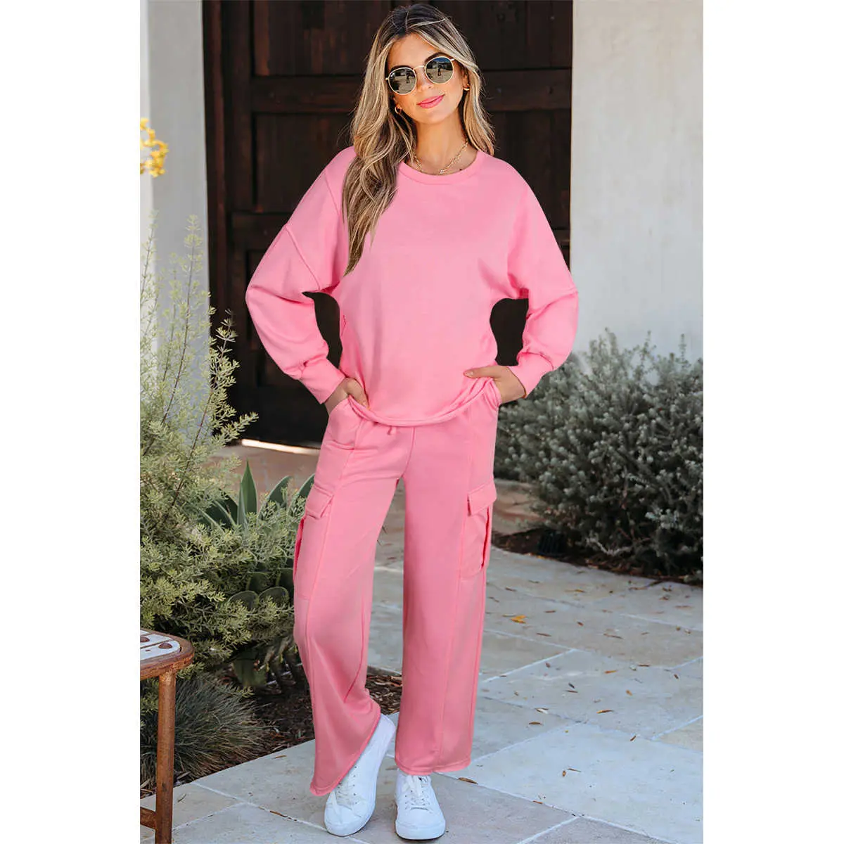 Sachet Pink Solid Color Patchwork Pullover Top and Cargo Pants Set