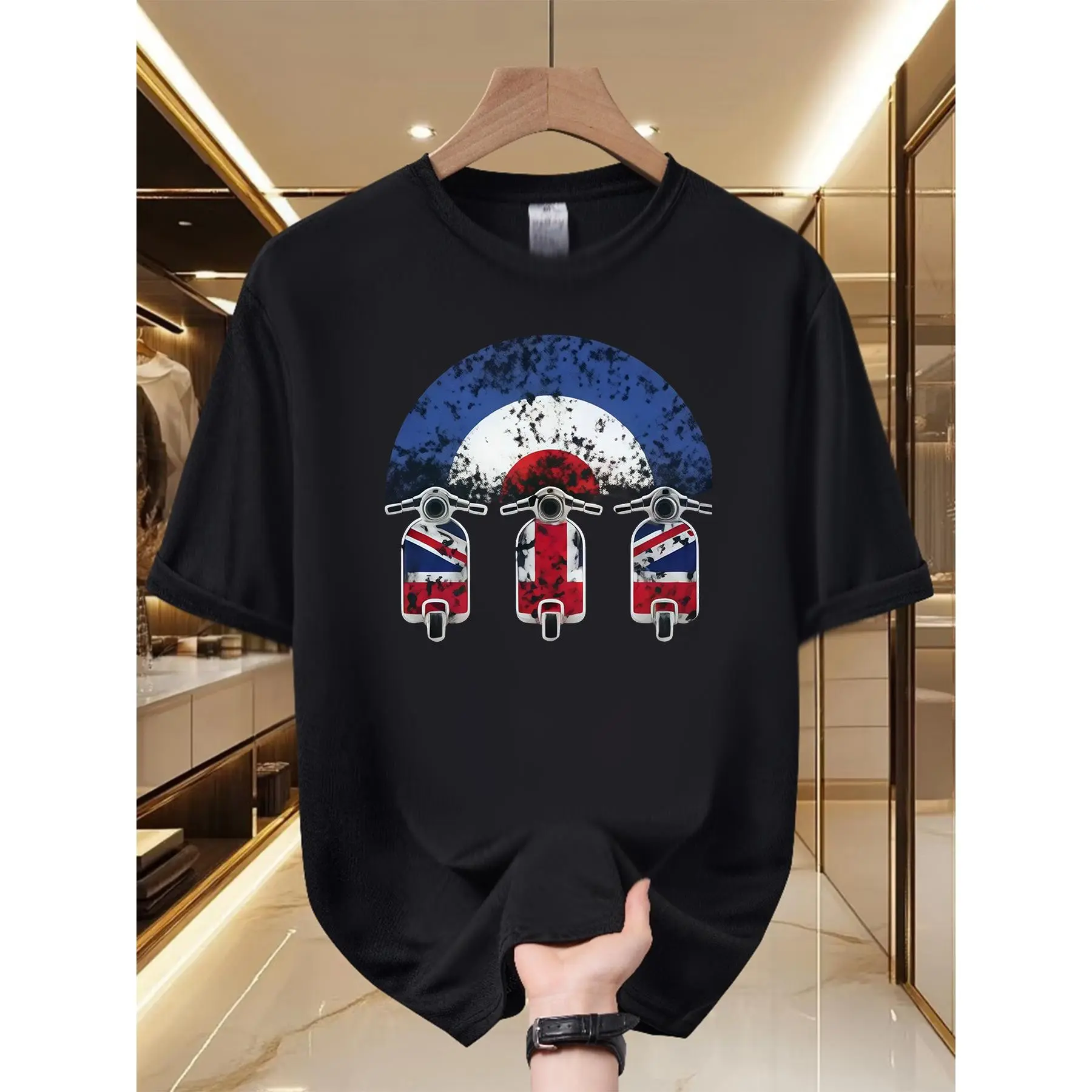 Men'S Graphic T-Shirt - Retro Scooter Design, Stylish And Comfortable, 100% Polyester Fiber, Eye-Catching Print, Crew Neck, Short Sleeve Summer T-Shirt, Urban Fashion T-Shirt