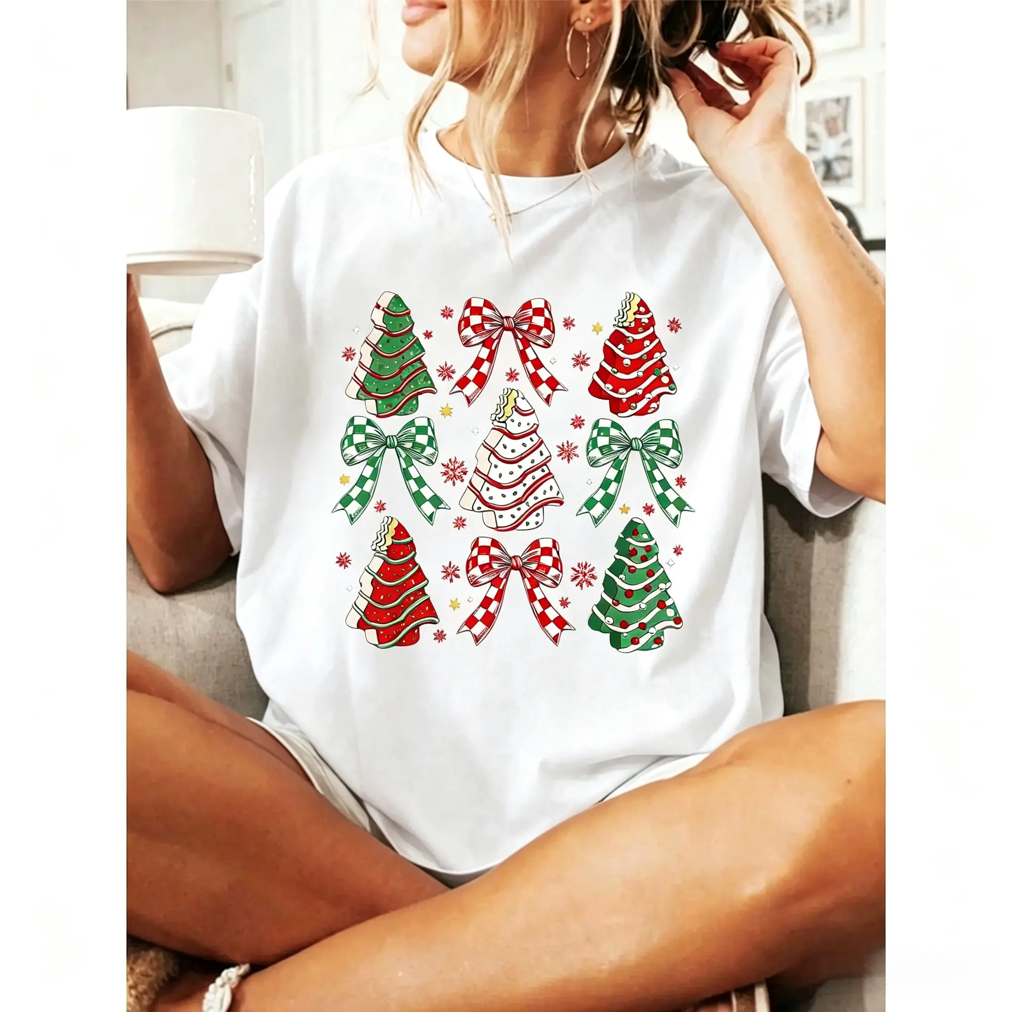 Festive Coquette Womens Crew Neck T‑Shirt Merry Christmas Cake Tree Plaid Bow Snowflake Graphic 100 Cotton Holiday Party Casual Gift Printed Top