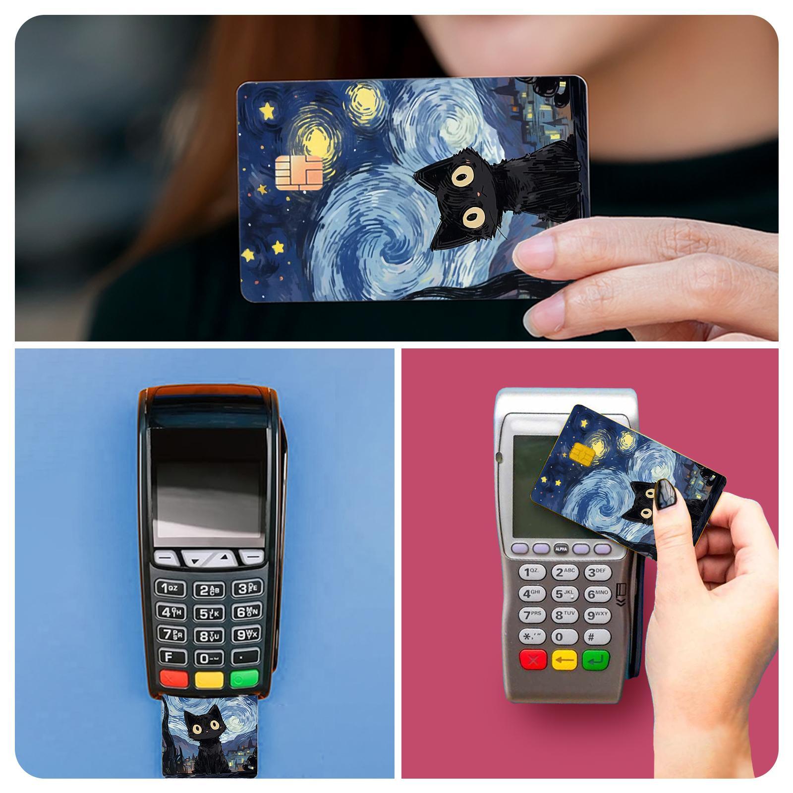 Van Gogh Starry Night Cat Pattern Credit Card Skin, 4 Counts/set Ultra-thin Waterproof Scratch Resistant Card Sticker, Personalized Bank Card Skin Protector, Graphic Decal, Sticker Sheets, Durable Adhesive Stickers