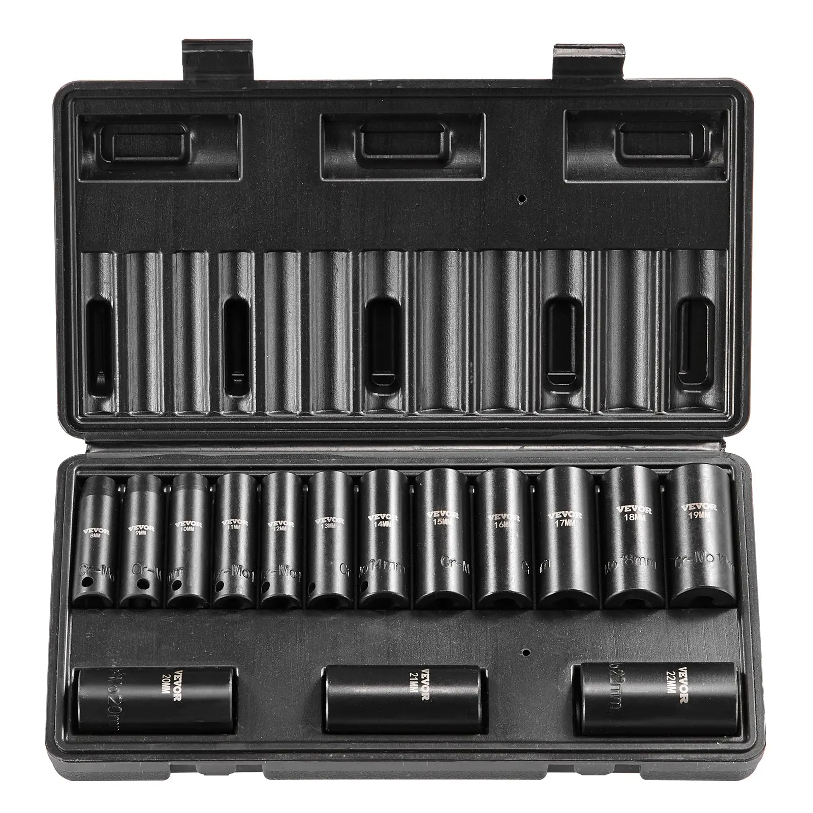 VEVOR 3/8" Drive Metric Deep Impact Socket Set, 15-Piece Cr-Mo Steel 6-Point Metric Sizes (8-22mm), Easy-to-Read Size Markings, Rugged Construction, Storage Case Included for Auto Repair