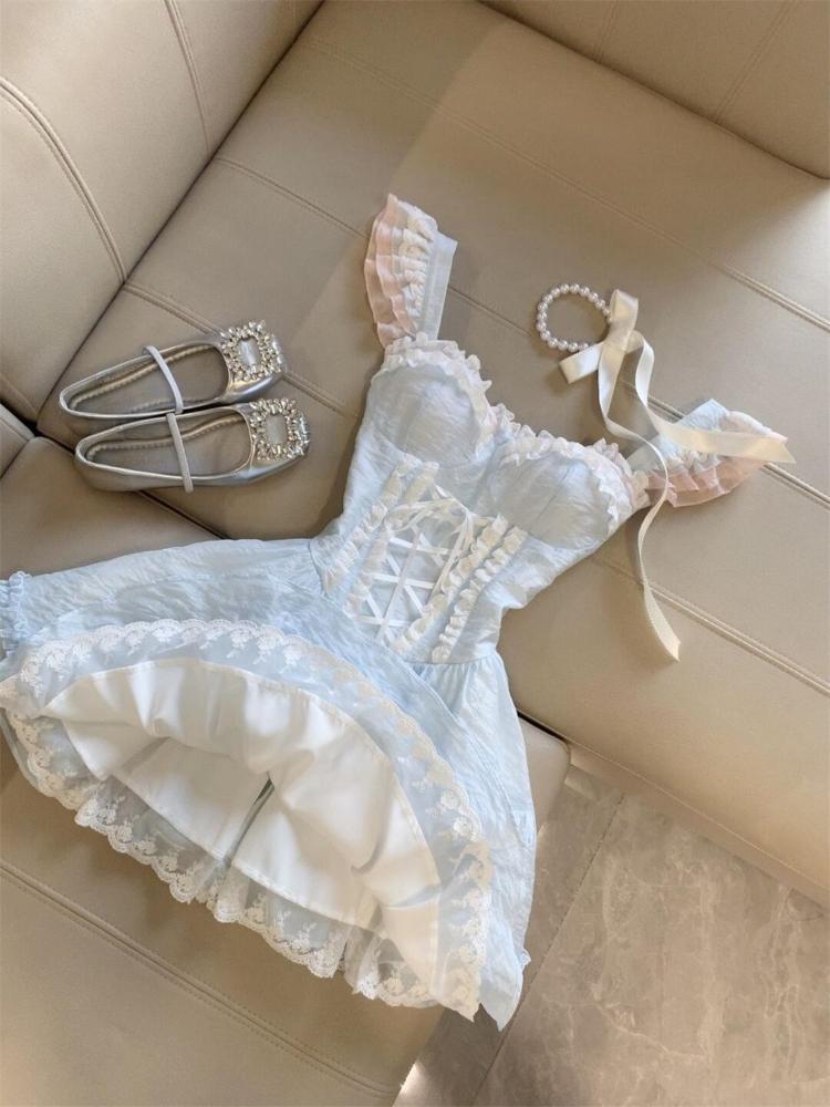 Summer Sweet Fairy Slim Blue Dress Fashion Design Lace Sling Thin Dresses Girl Elegant Chic Square Neck A-line New Outfits 2025