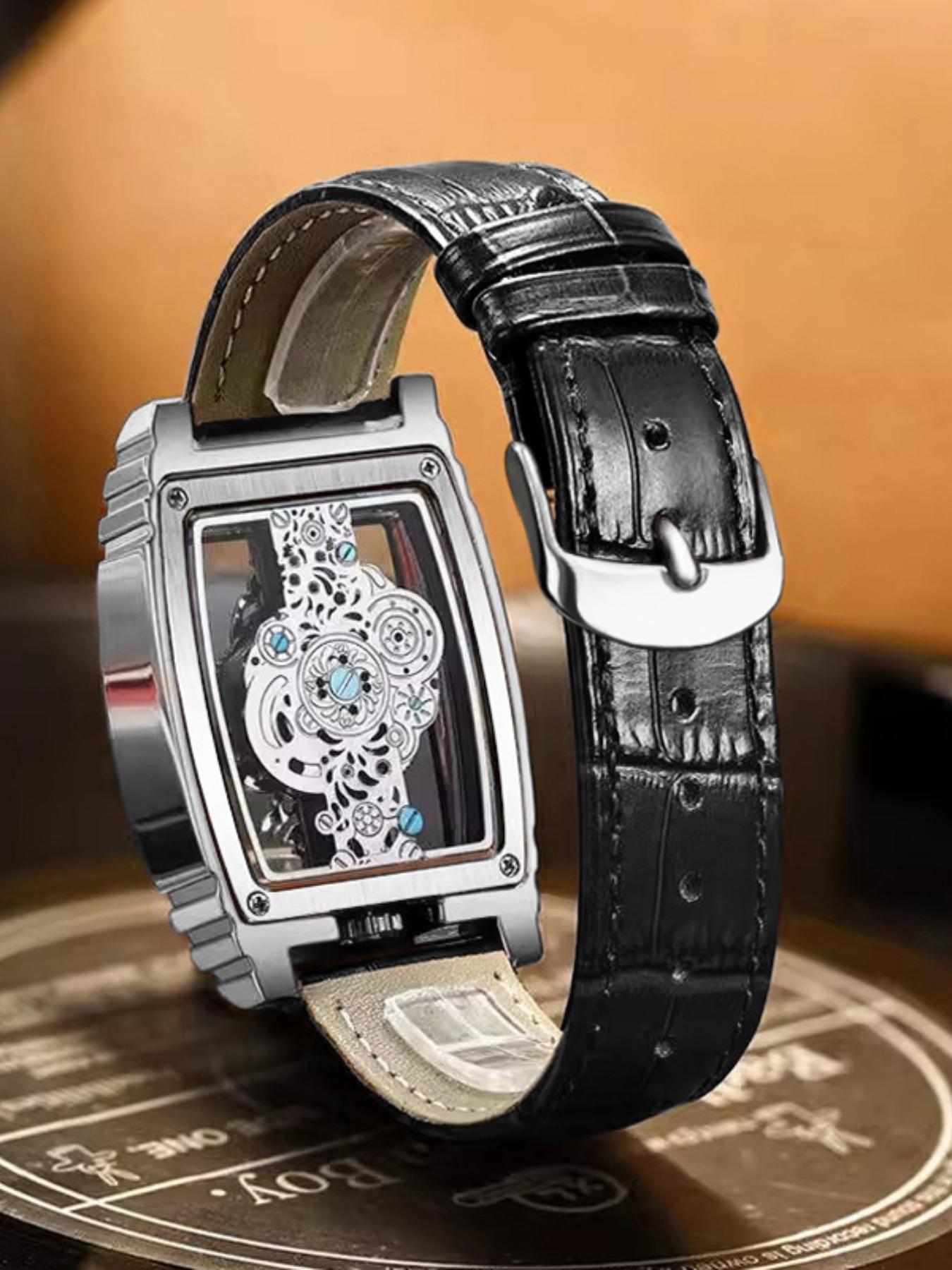 Men's Punk Fashion Barrel Shaped, Mechanical Style Skeleton Watches for Party, Daily Decor, Trendy All-match & Exquisite Watch for Birthday Gift with Box