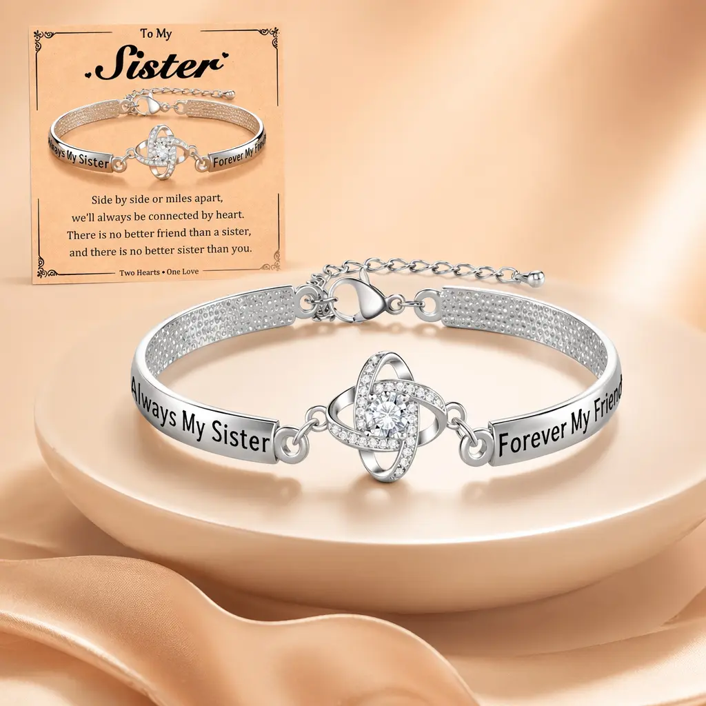 Sister Bracelet for Women Forever My Sister Engraved Love Knot Cubic Zirconia Bangle, Adjustable 5cm Extension Chain Alloy Friendship Jewelry, Meaningful Sister Gifts for Birthday Christmas Graduation, Dotted Inner Comfort Wristband with Gift Card