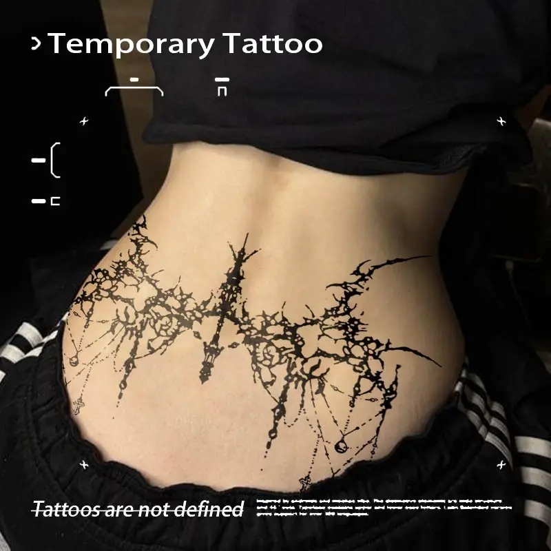 Dark Thorn Chain Cross Lower Back Herbal Juice Temporary Tattoo Semi‑Permanent Waterproof Long‑Lasting Alt Fake Tattoo Stickers Body Fake Tattoos Ephemeral Tattoos for Women's Waist