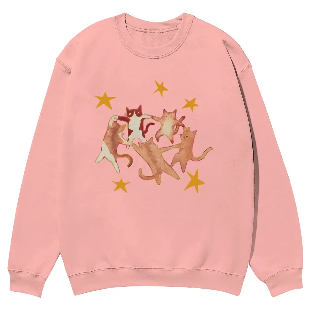 Unisex Five cats holding hands and dancing with stars Graphic Round Neck Sweatshirt Personalized Pattern Y2k Clothing Round Neck Sweatshirt,Women's Clothing, Menswear, Top, Vintage Style,Summer Casual Oversized
