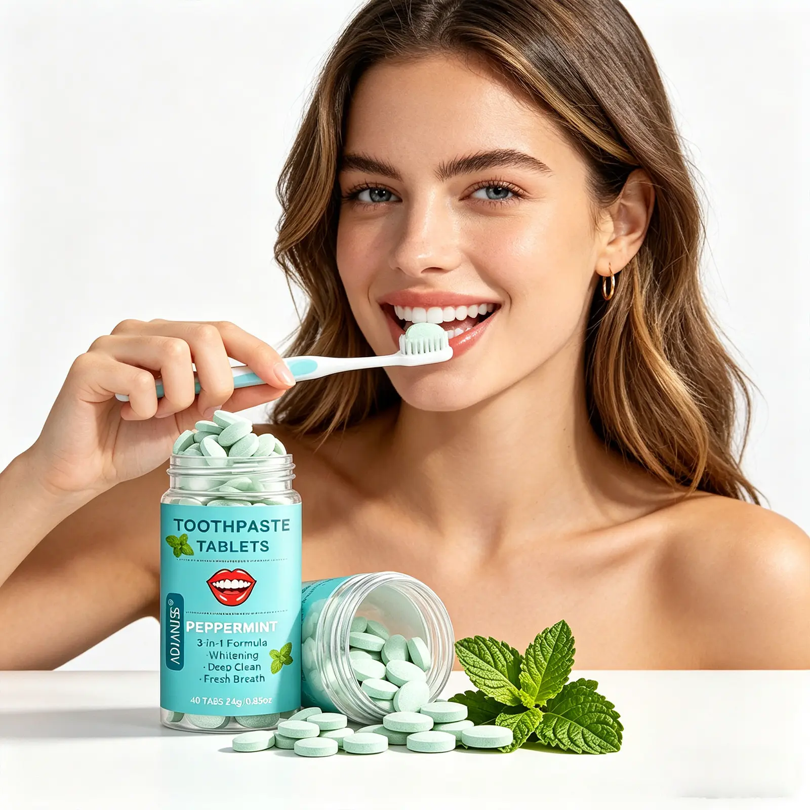Three-In-One Mint Toothpaste Tablets, Portable Fresh Breath, Long-Lasting Cool Sensation, 40 Pieces, Ideal for Travel and Business Trips, Oral Care, Teeth Cleaner