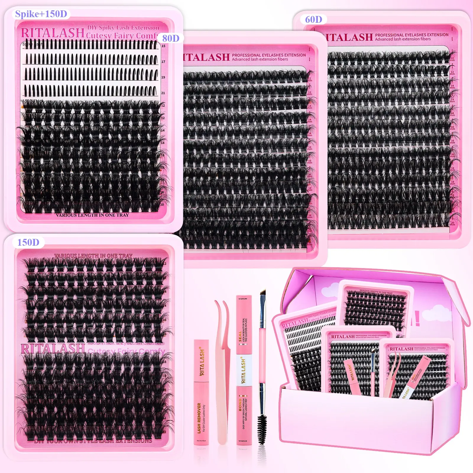 RITALASH 1060PCS Mixed Length Individual False Eyelashes Kit, DIY Eyelash Set, DIY Eyelash Extensions, Natural-Looking Eyelash Extensions with Accessories, Self-Grafting Curling Lashes for Women, Makeup Products