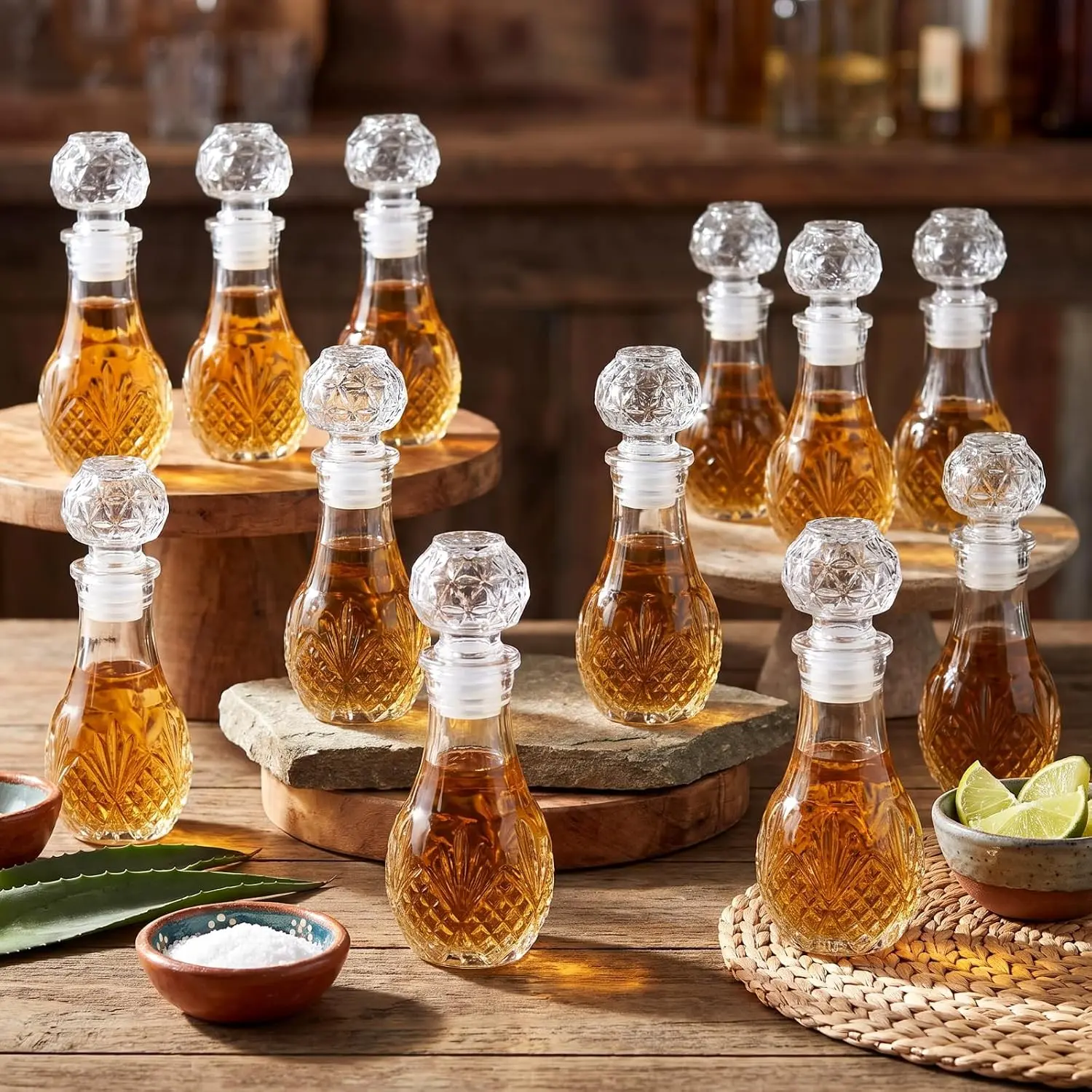 24 Pcs Mini Glass Wine Bottles 1.7oz Glass Tequila Bottles with Stopper Decorative Tequila Bottle for Whiskey Vanilla Extract Champagne Wedding Baby Shower Party Favors(Round Style)