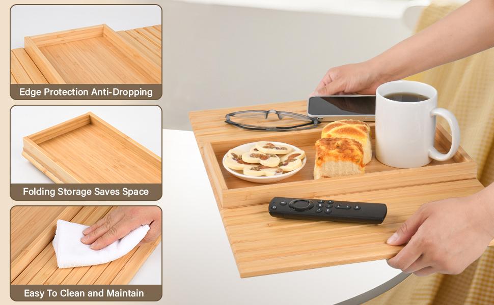 Bamboo Sofa Arm Tray, Anti-Dropping Couch Arm Tray, Foldable Sofa Armrest Tray Couch Arm Table for Eats, Drinks, Snacks, Remote, Cellphone, Cup Holder, Back Anti-Slip Pad