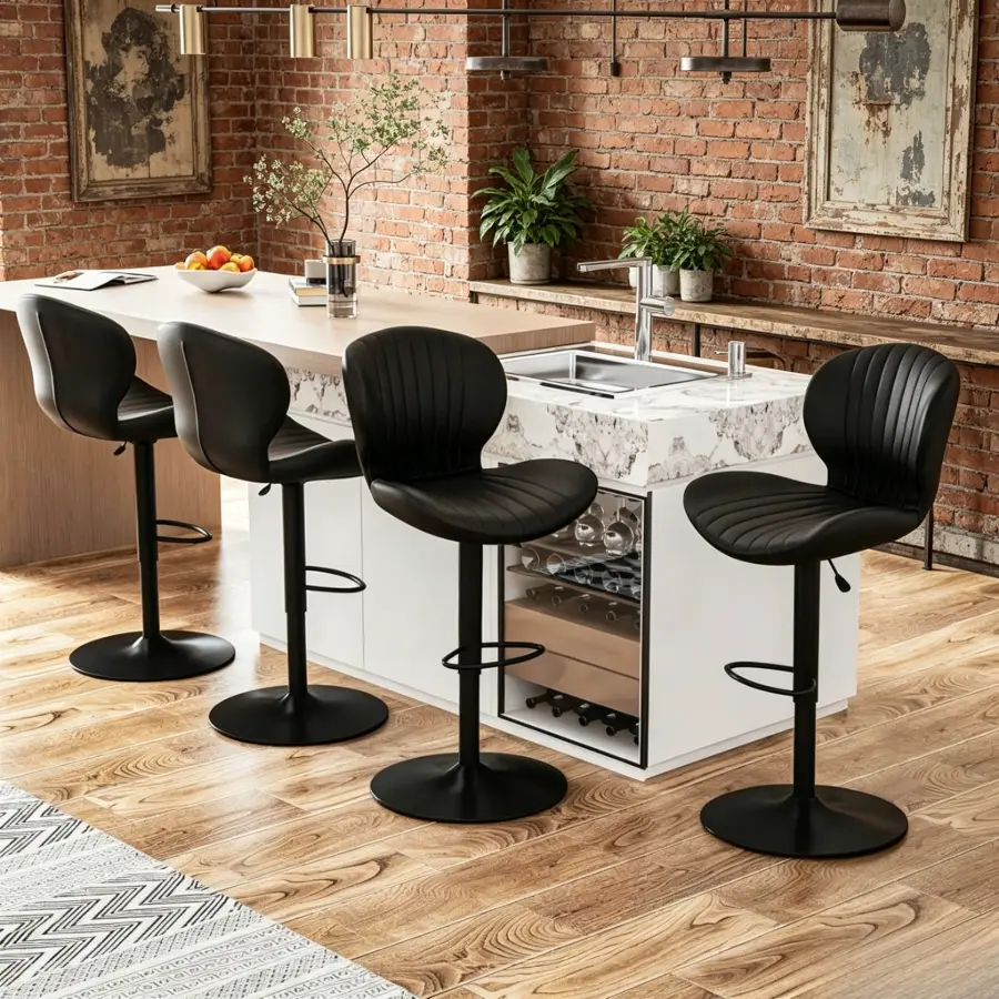 Set of 4 Modern Swivel Counter Height Bar Stools, Height Adjustable PU Leather Bar Chairs with Backrest & Built-in Footrest, Heavy Duty 350 LBS Weight Capacity Barstools for Home Kitchen Island & Countertop