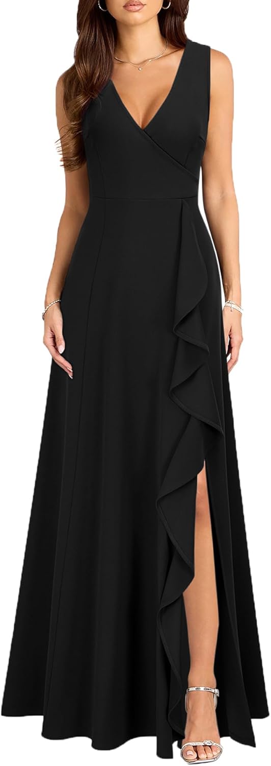 Women's V Neck Sexy Split Cocktail Dress with Pockets Ruffle Party Long Formal  Dress - TikTok Shop