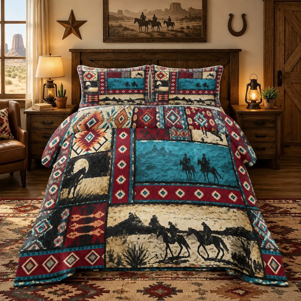 Western Cowboy Quilted Quilt 3-Piece Set Quilted Bedspread Set Including 1 Quilted Quilt and 2 Pillowcases (excluding pillow core) Ethnic Geometric Pattern Riding Desert Print American Retro Rural Bedroom Bedding Set