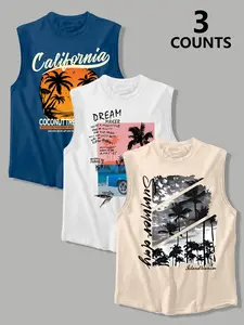 American California Tropical Coconut Tree Print Sleeveless Tank Top for Men, Baggy Loose Fit Breathable Sporty Vacation Casual Vest