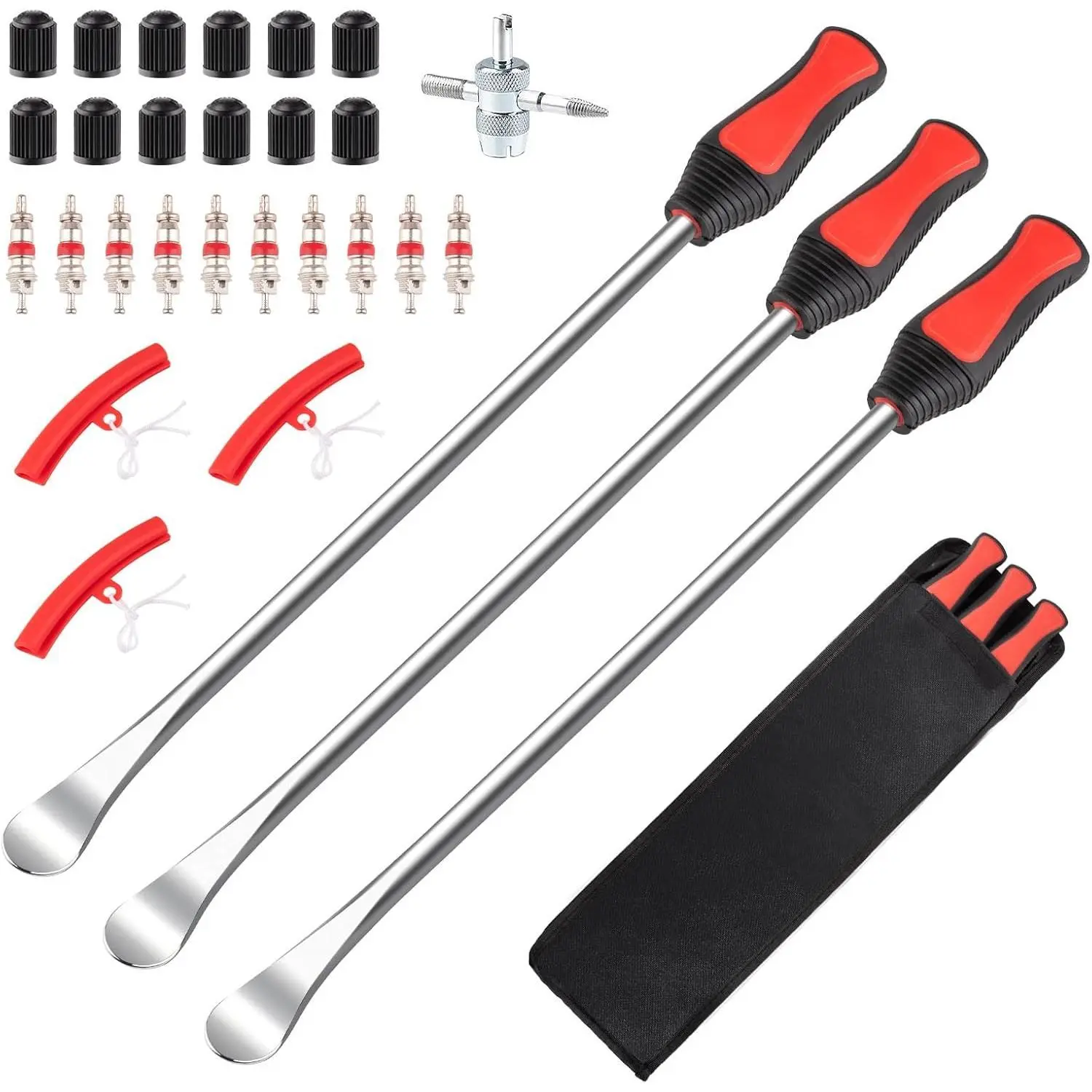 GJANSH 15" Tire Spoons Kit, Tire Changing Tool for Motorcycles, Dirt Bikes, Lawn Mowers and More, 29PCS Tire Removal Tool Set, with Tire Spoon, Rim Protector, Valve Tool, Valve Cover and Valve Core