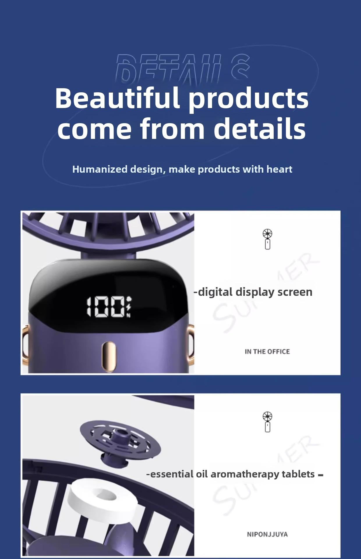 N15 handheld fan USB portable foldable rechargeable neck-hanging digital display desktop fan with long battery life and portable design