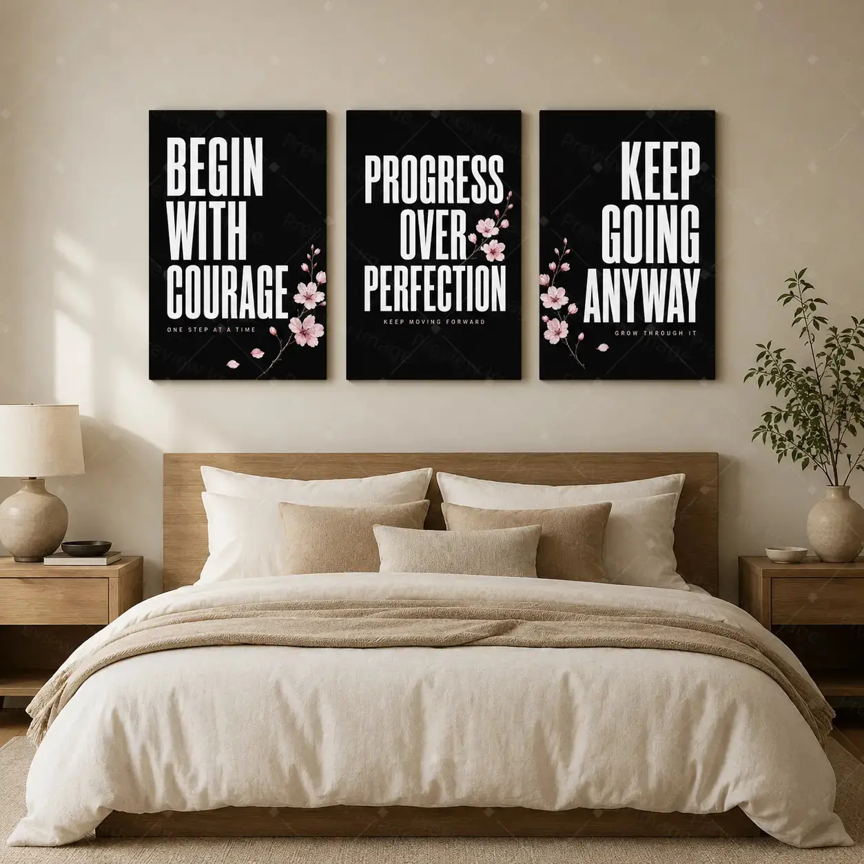 Black & Pink Cherry Blossom Motivational Canvas Wall Art Set of 3, "Courage, Progress, Keep Going" Quote Poster, Minimalist Aesthetic Decor for Bedroom & Office, Inspirational Gift,wall decor,poster.