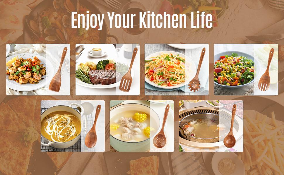7 PCS Wooden Spoons for Cooking Natural Teak Kitchen Utensils Smooth Non-Stick Surface Cooking Utensils Set Soft Comfort-Grip Wooden Utensils for Cooking