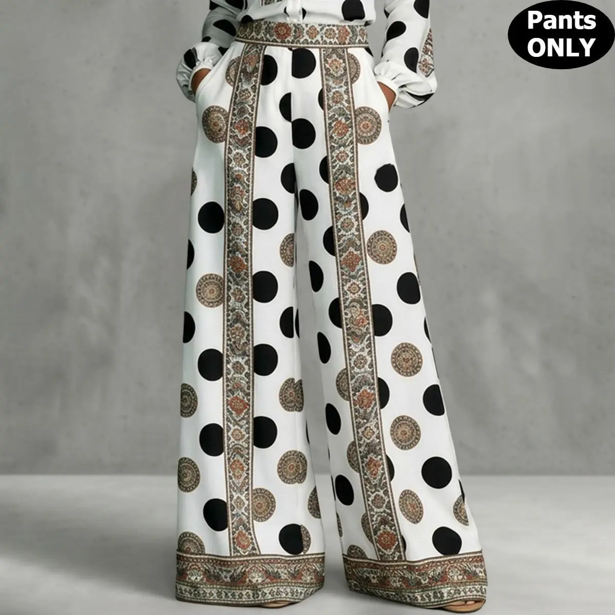 Women's Dot Paisley Floor-Length Palazzo Pants - High Waist Silky Satin Loose Leg Trousers with Side Pockets, Hidden Zip, Elastic Back Waistband, Resort & Workwear Bottoms, Loose Legs