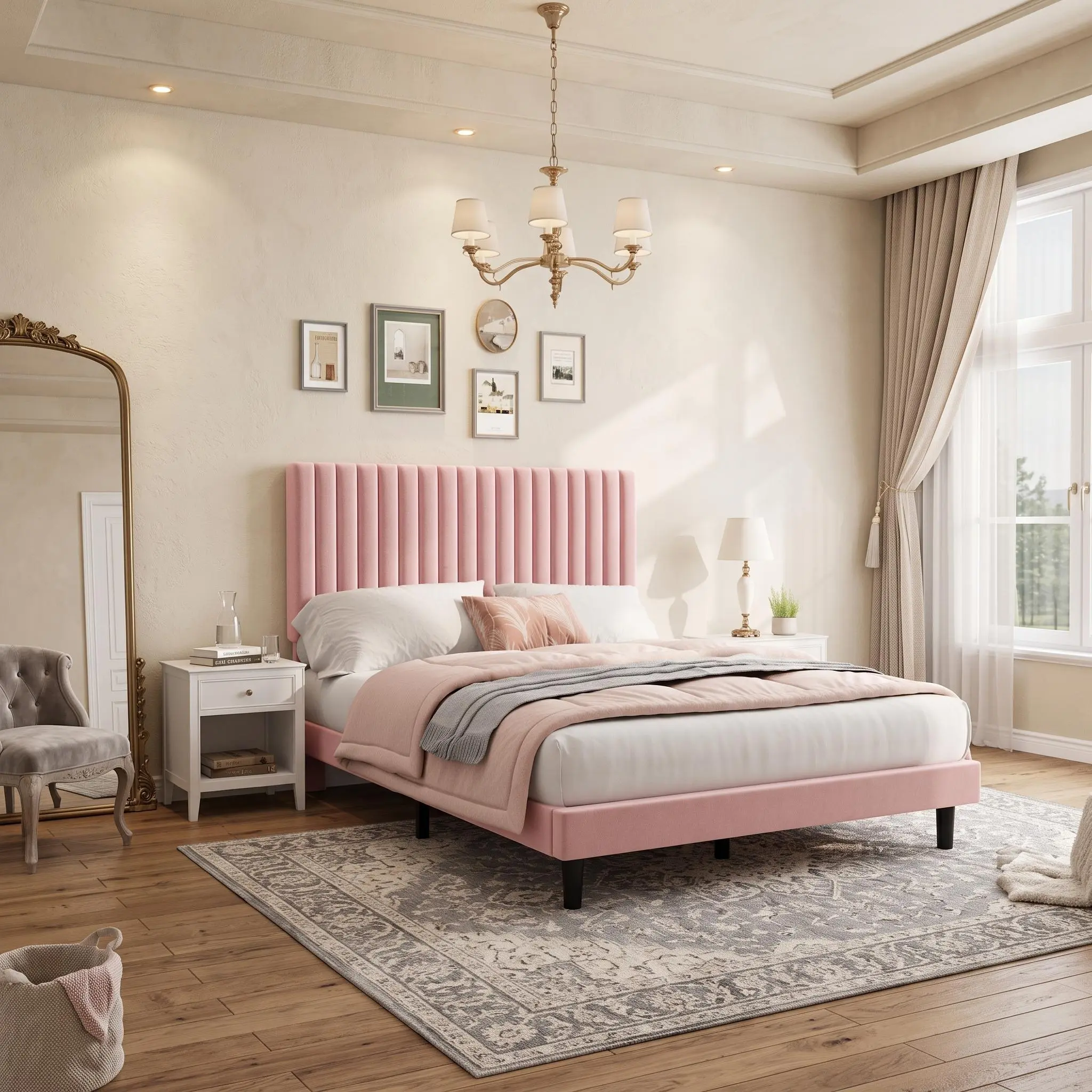 Adjustable Vertical Channel Tufted Soft Upholstered Platform Bed Frame, Heavy-Duty Solid Wood Slat Support, No Box Spring Required, Simple Fast Assembly, Available in King Queen Full Sizes & Various Colors