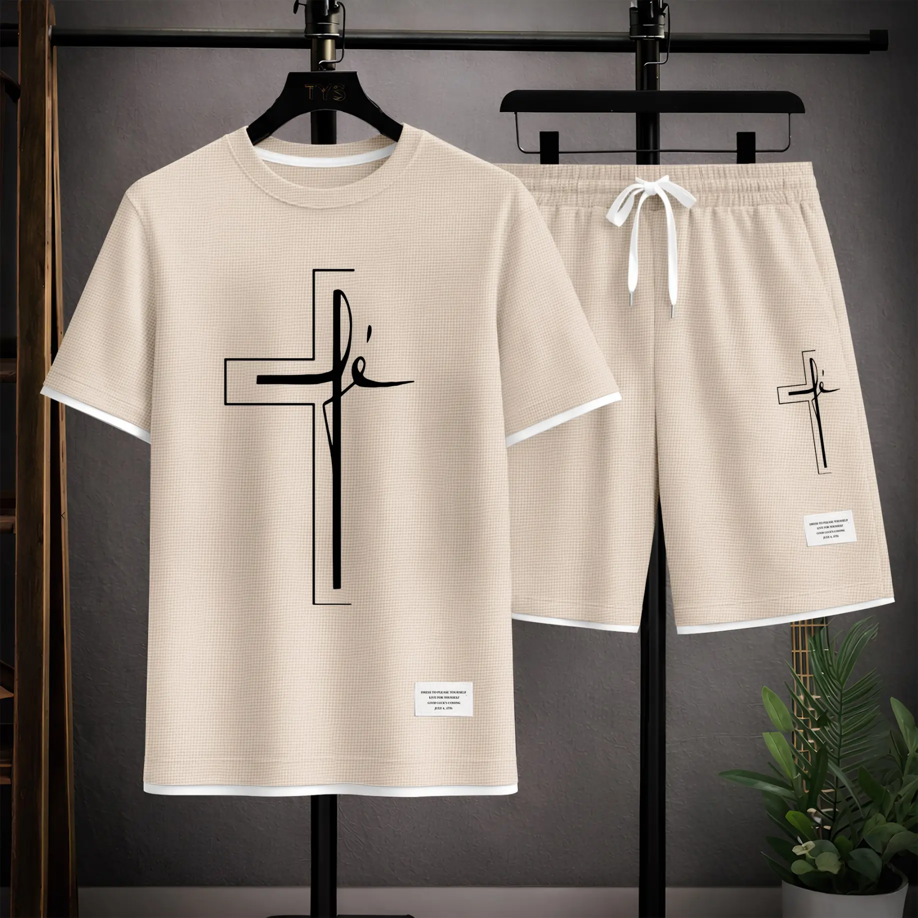 Men’s Cross Faith Line Art Graphic Waffle Knit Short Sleeve Shirt and Shorts Set, 2 Piece Summer Casual Outfit with Crew Neck Tee and Drawstring Shorts for Streetwear, Home, Travel, Outdoor and Daily Wear