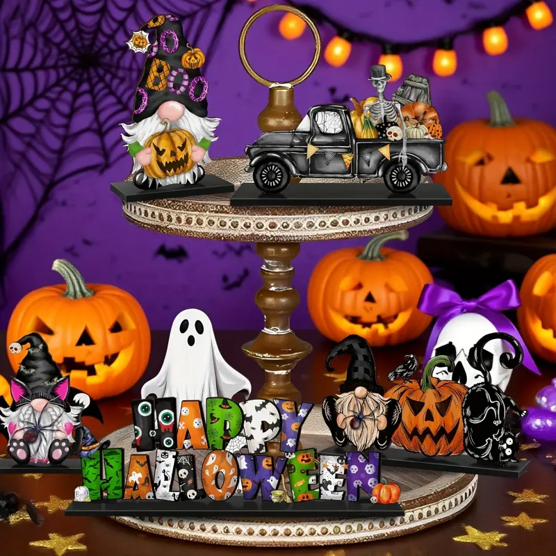 6pcs Halloween Gnome Desktop Decoration Set Wooden Craft Gnomes Trick Or Treat Party Desktop Decorations Family Party Supplies, Perfect Halloween Decoration Gifts