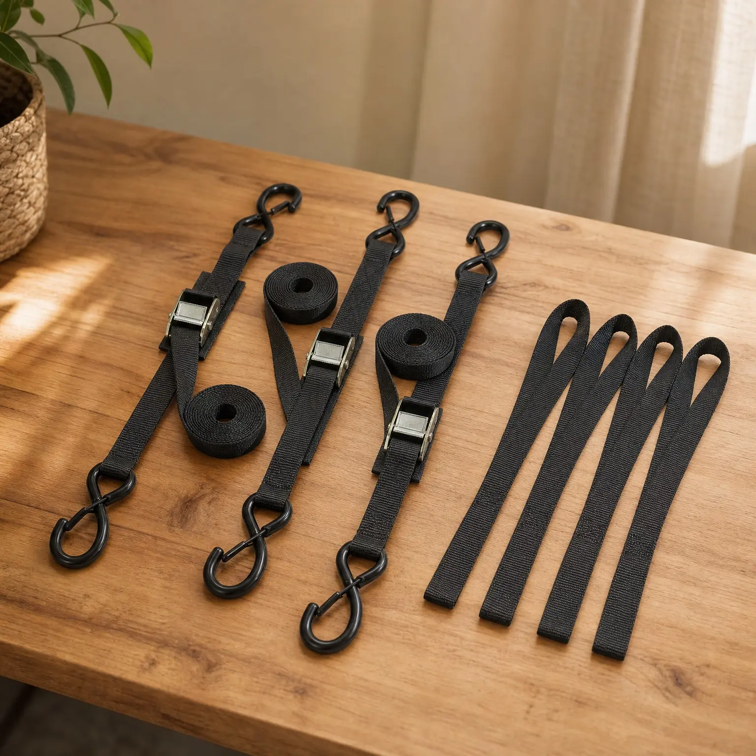 Cam Buckle Tie Down Straps 8ft 1250lbs Break Strength, 4 Pack with S Hooks – Heavy Duty Securing Straps for Motorcycle, Car, Truck, Dirt BikeGift