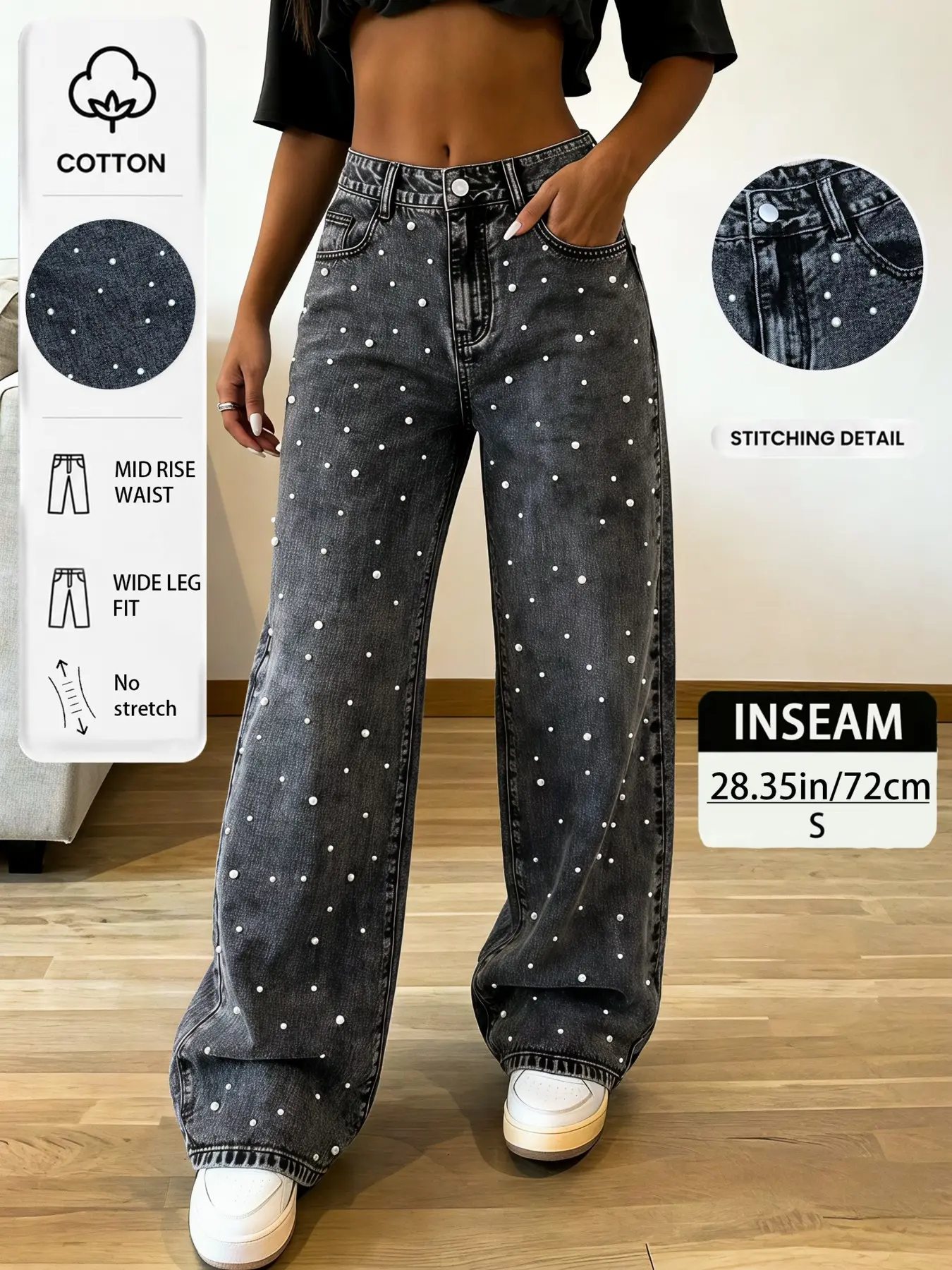 Women's Mid-Waist Pearl Washed Wide Leg Denim Jeans, Perfect for Dates, All Seasons, Gift for Girlfriend, Fashionable Loose-Fit Pants
