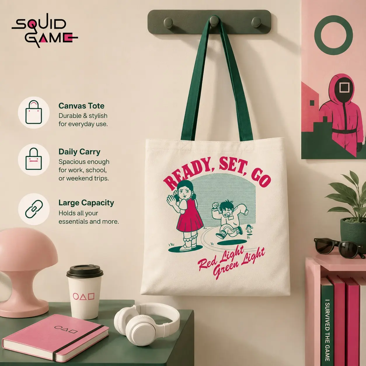 Netflix Officially Licensed Squid Game Canvas Tote Bag, Reusable Double Sided Graphic Shoulder Handbag, Cute Aesthetic Bookbag