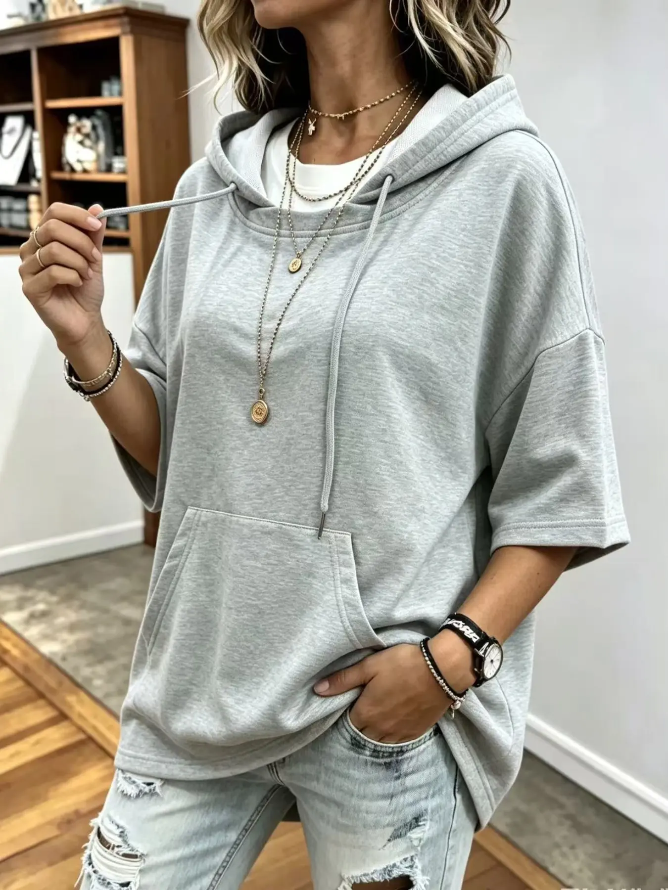Women's Hooded Sweatshirt, Loose Fit Drop Shoulder, Seven-Quarter Sleeve, Kangaroo Pocket, Casual Everyday Wear, European and American Style, Solid, Tops, Basic