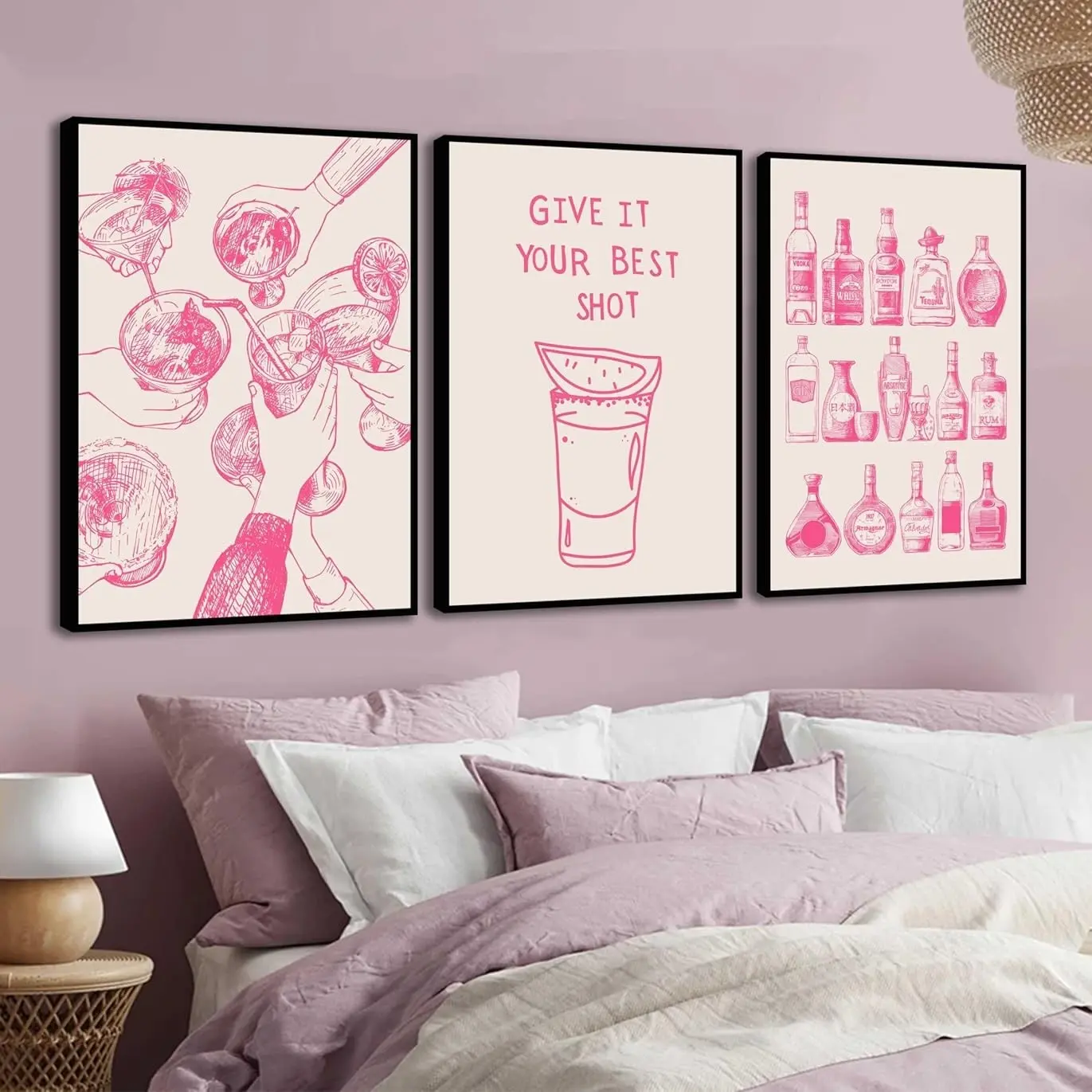 3Pcs Pink Bar Cart Wall Art Coquette Trendy Alcohol Bottles Poster Pictures Retro Cocktail Cheer Canvas Painting Girly Preppy Alcoholic Beverage Wall Decor Funky Cocktail Wiskey Prints Unframed