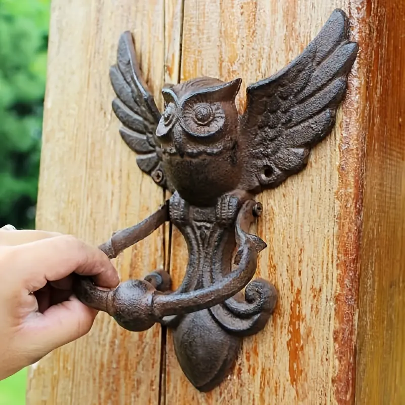 1pc Rustic Owl Door Knocker, Cast Iron Outdoor Door Handle with Winged Owl Design, Metal Home Decor Accessory