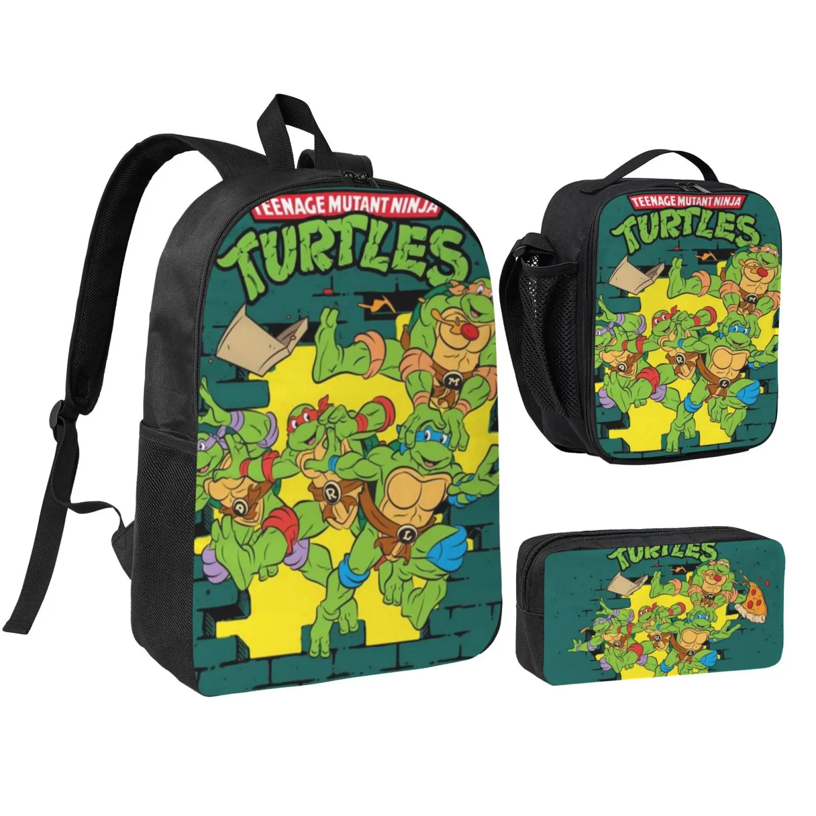 Anime Ninja Turtle3 3Pcs School Backpack Set for Teens Boys Girls, Adjustable Strap Kids Bookbag with Insulated Lunch Bag & Pencil Case, Lightweight Travel Office Daypack