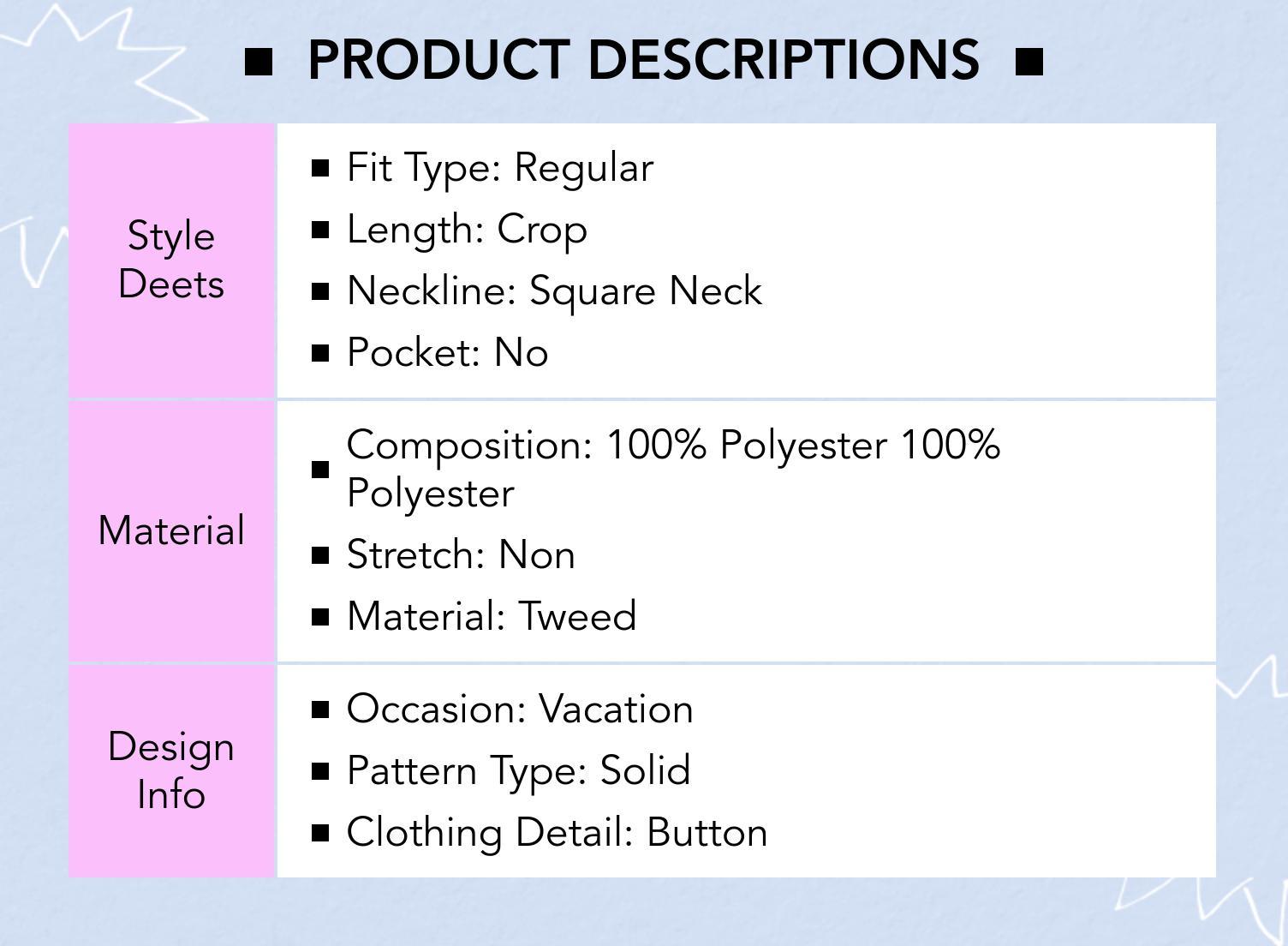 Cider [size 2-10] Tweed Square Neck Solid Button Crop Jacket