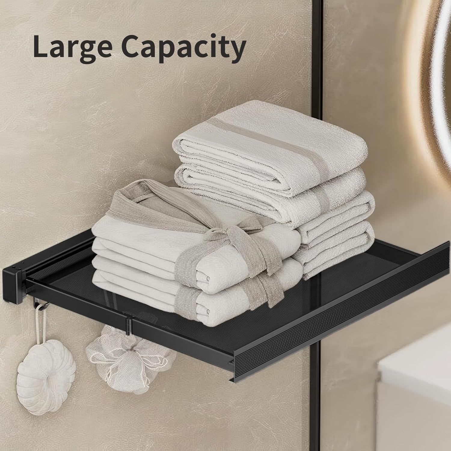 Space Saving Wall Mounted Towel Rack, Foldable Aluminum Towel Bar with Mesh Design, Rustproof with 6 Removable Hooks, No Drill Installation for Bathroom Balcony Laundry